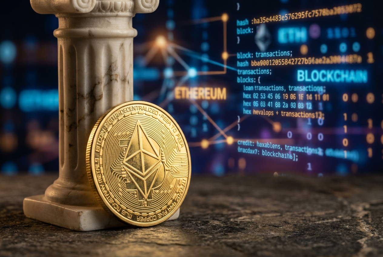 A physical Ethereum coin next to a Greek architectural element.